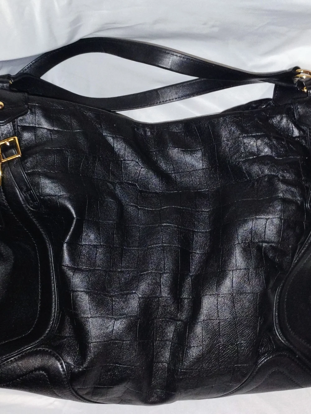 Lauren Ralph Lauren Black Croc Embossed Large Shoulder Tote Bag Gold Hardware